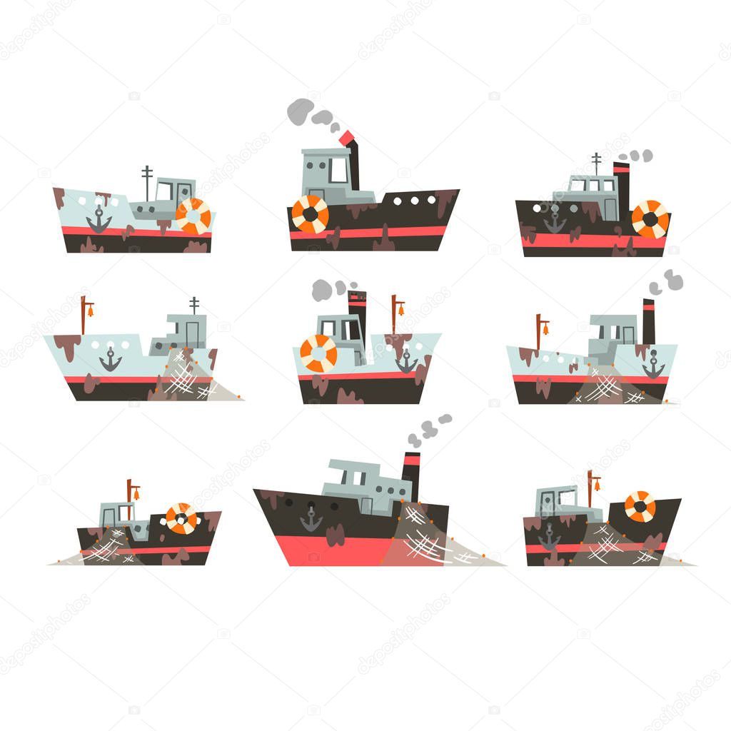 Collection of fishing vessels, trawlers for industrial seafood production, retro marine steamers vector Illustration