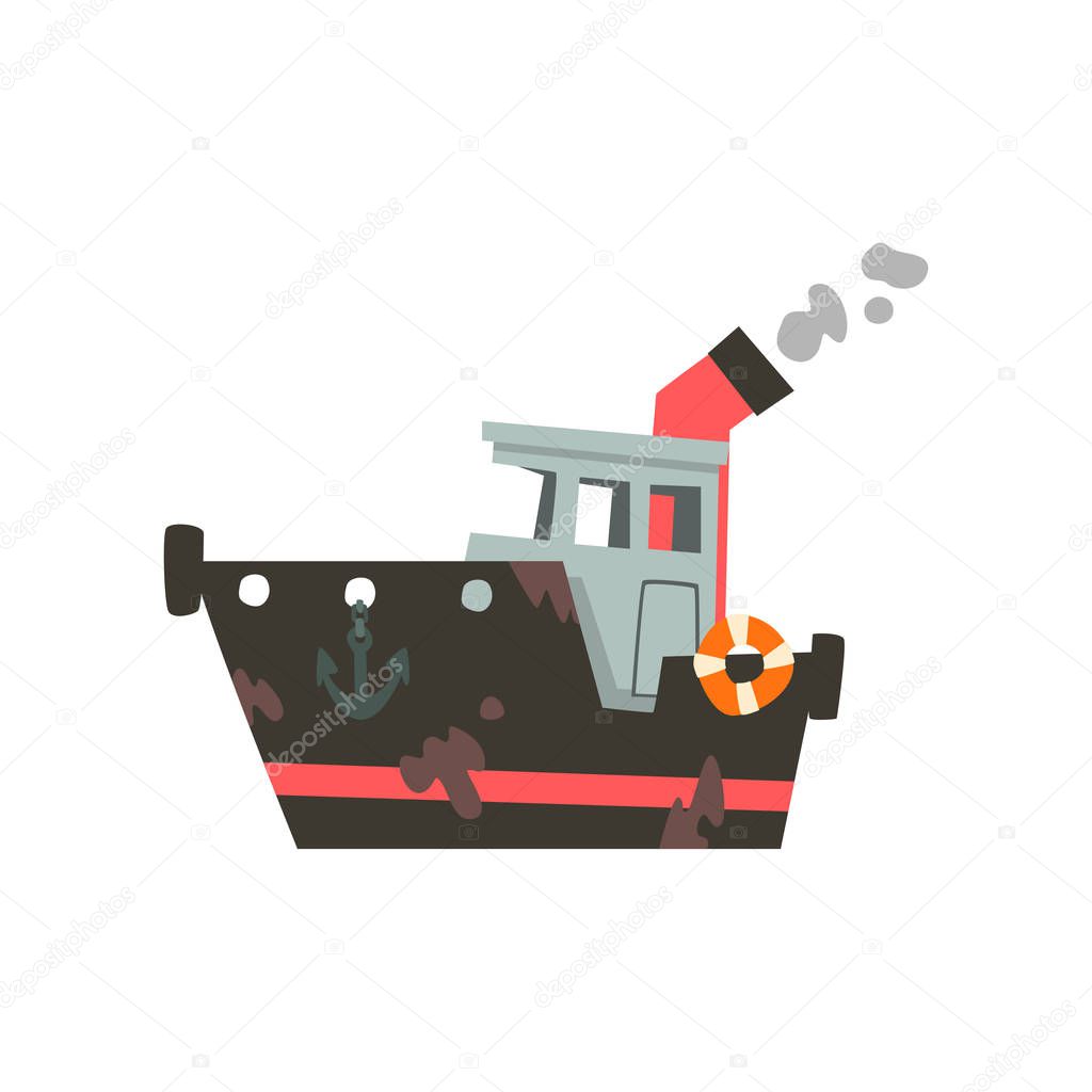 Fishing industrial trawler for seafood production, retro marine ship vector Illustration