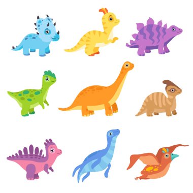 Şirin renkli dinozorlar topluluğu, komik bebek dino çizgi film karakterleri illüstrasyon vektör