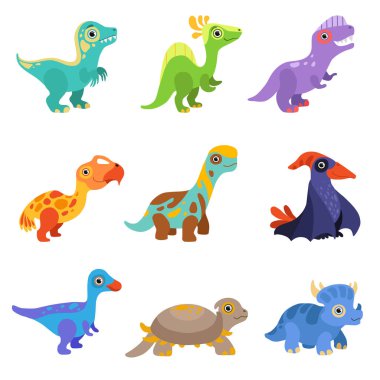 Sevimli dinozor topluluğu, renkli Bebek dino çizgi film karakterleri illüstrasyon vektör