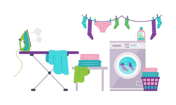 Lavandaria com máquina de lavar roupa, tábua de engomar, prateleira de roupas, cesta vetor Ilustração —  Vetores de Stock