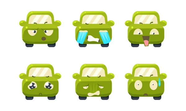 Colección de emoticonos de coches, personajes de dibujos animados lindo coche verde mostrando diferentes emociones vector Ilustración — Vector de stock