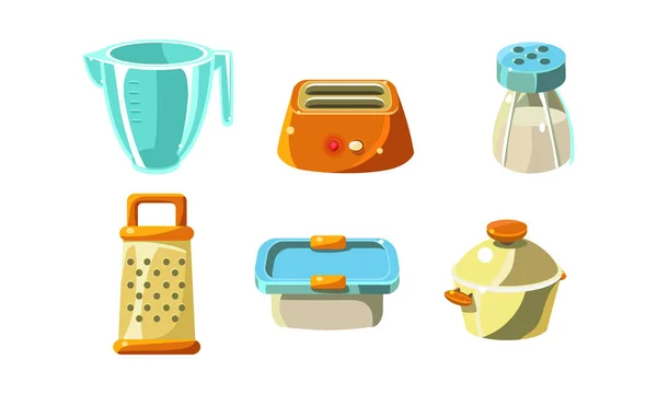 Zestaw kuchenny naczynia, przybory kuchenne, pomiaru cup, toster, tarka, pojemnik, rondel ilustracja wektorowa — Wektor stockowy