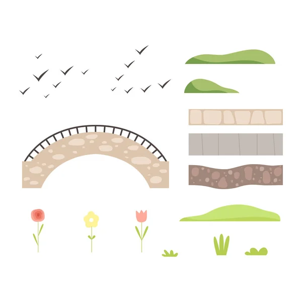 公园建筑景观建设者设计元素, 植物, 石路, 桥梁, 鸟向量例证 — 图库矢量图片
