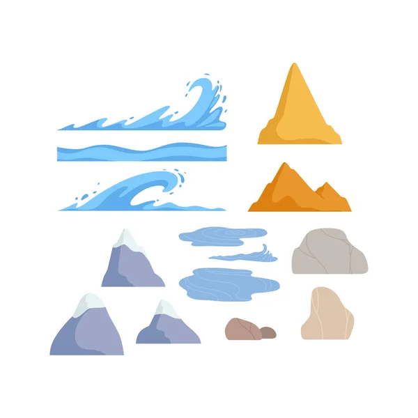 Montañas, piedras rocosas, olas naturaleza paisaje constructor diseño elementos vector Ilustración — Archivo Imágenes Vectoriales