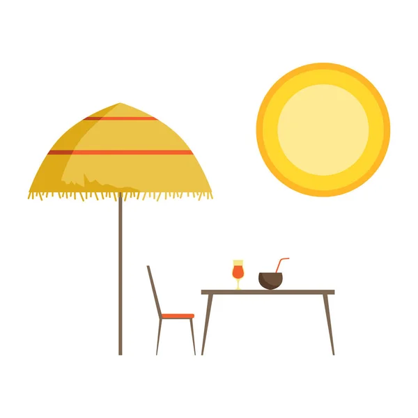 Stro parasol, tafel en cocktails, zomertijd vector illustratie — Stockvector