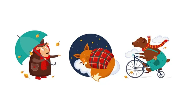 Animales divertidos lindos personajes en diferentes acciones, ovejas viejas en un abrigo con un paraguas, cachorro de zorro durmiendo en una nube debajo de una manta, oso montando un vector de bicicleta Ilustración — Vector de stock