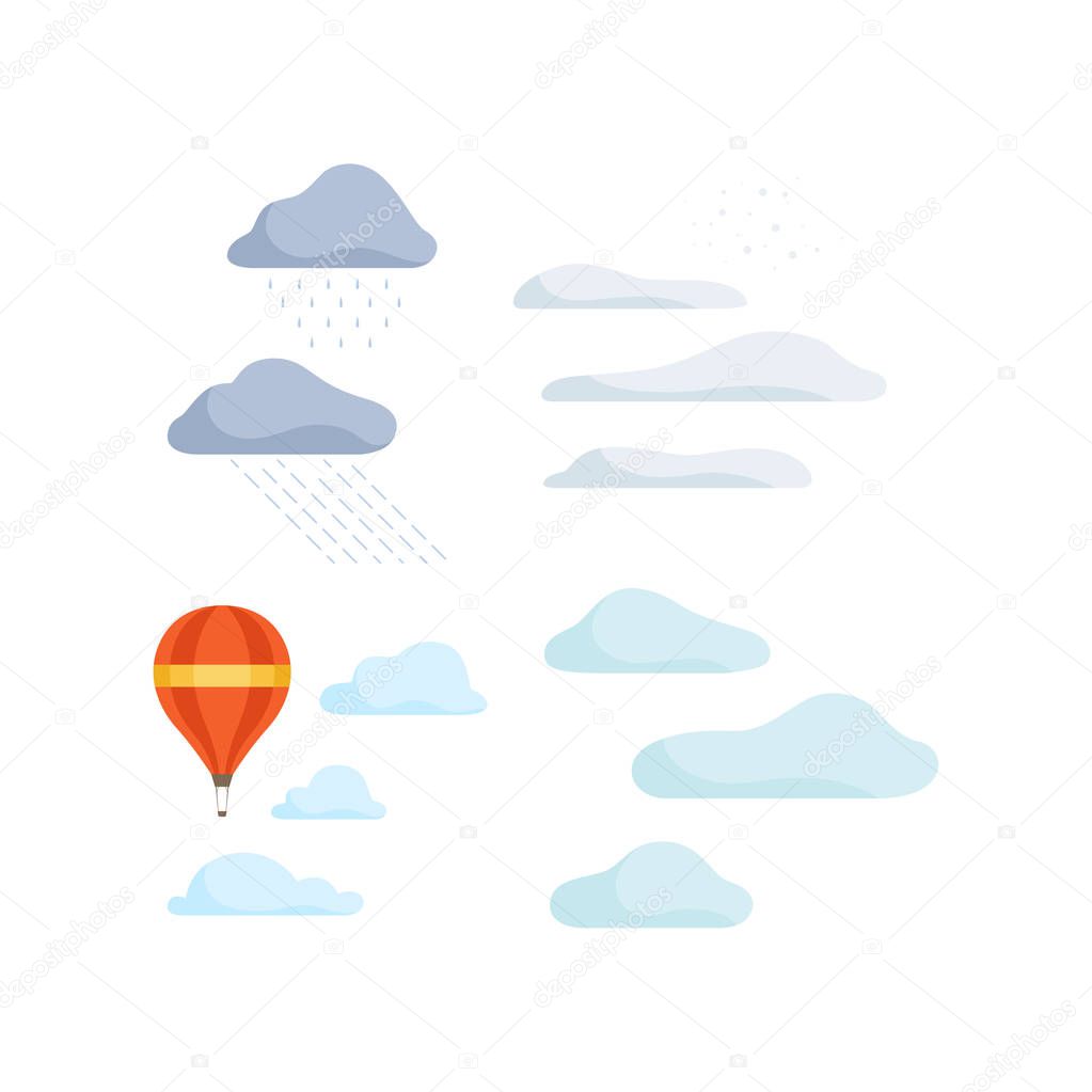 Clouds and hot air balloon, landscape design elements vector Illustration