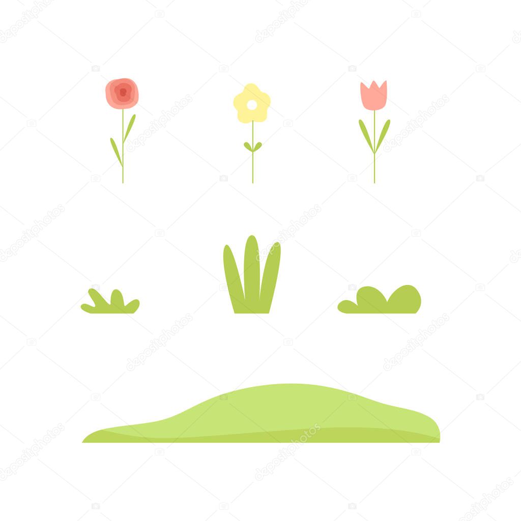 Plants and flowers, nature landscape constructor design elements vector Illustration