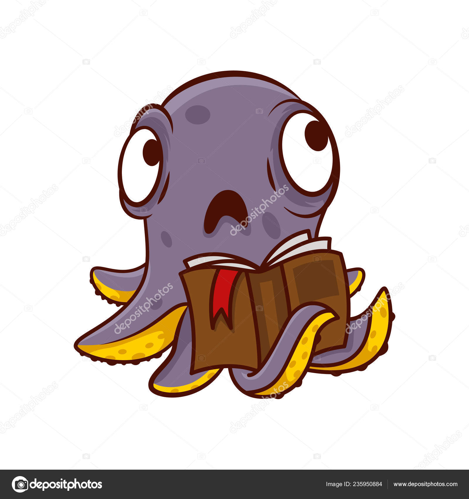 Pieuvre Violette Avec Visage Triste Tenant Le Livre De