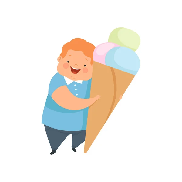 Overgewicht jongen met een groot ijsje, schattig, mollig kind cartoon karakter vector illustratie op een witte achtergrond — Stockvector