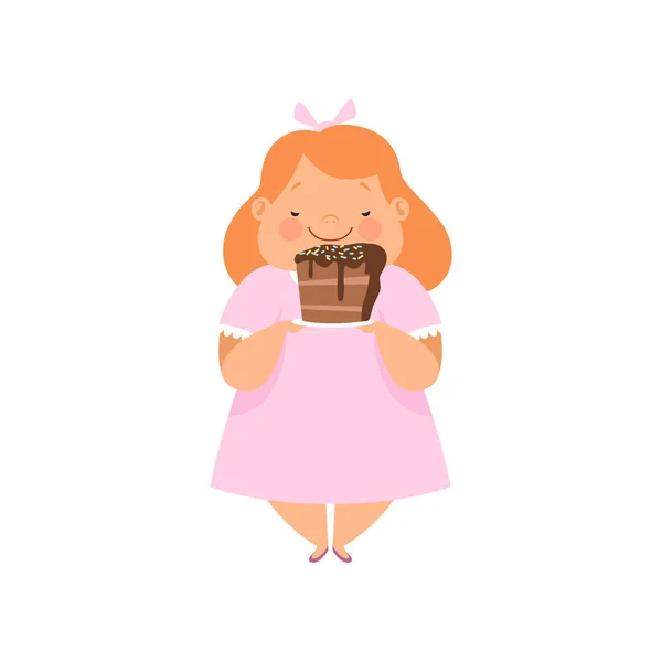 Chica con sobrepeso con un pedazo de pastel de chocolate, lindo gordito niño dibujos animados vector Ilustración sobre un fondo blanco — Archivo Imágenes Vectoriales