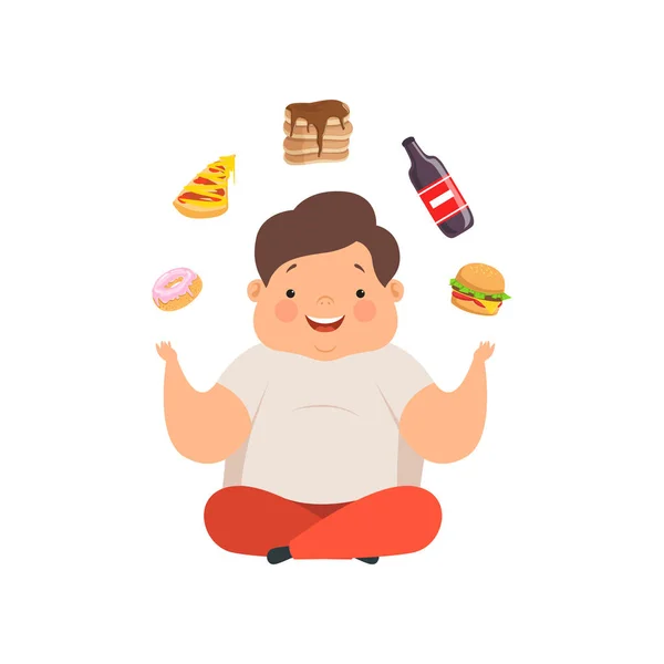 Niño con sobrepeso sentado en el suelo y haciendo malabarismos platos de comida rápida, lindo niño gordito dibujos animados vector de carácter Ilustración sobre un fondo blanco — Archivo Imágenes Vectoriales
