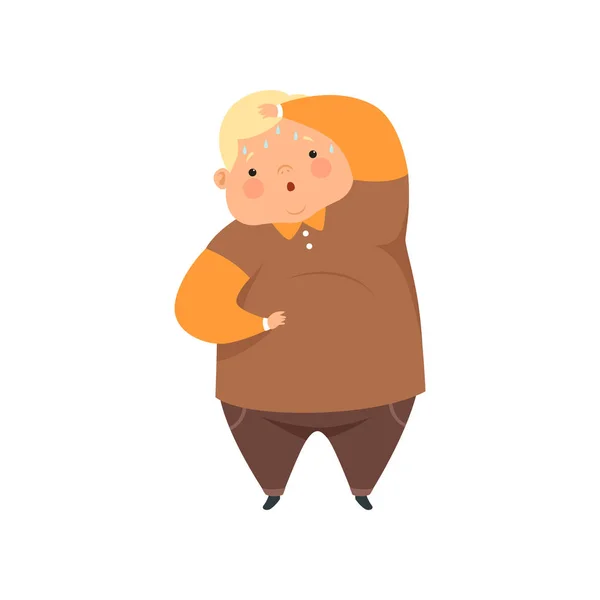 Overweight ragazzo sudato, carino paffuto bambino personaggio dei cartoni animati vettore Illustrazione su uno sfondo bianco — Vettoriale Stock
