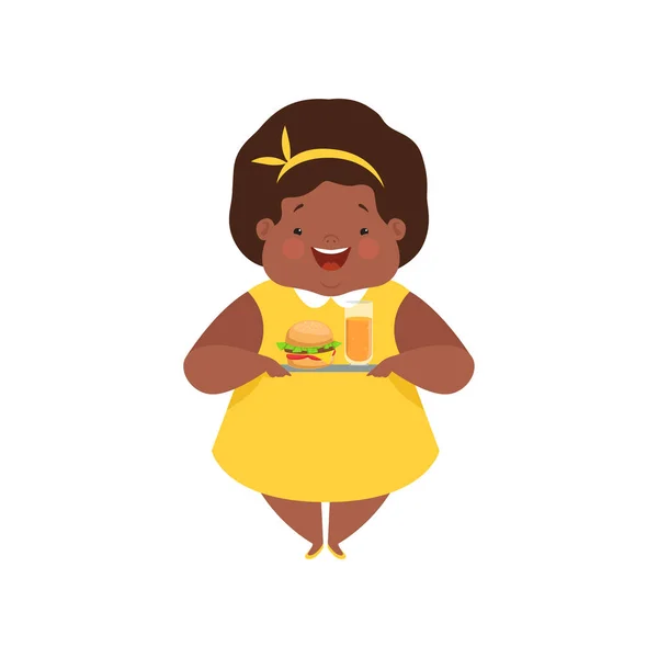 迷惑、ファーストフード、白地にかわいいぽっちゃり子漫画文字ベクトル図で幸せ太りすぎのアフリカ系アメリカ人少女 — ストックベクタ