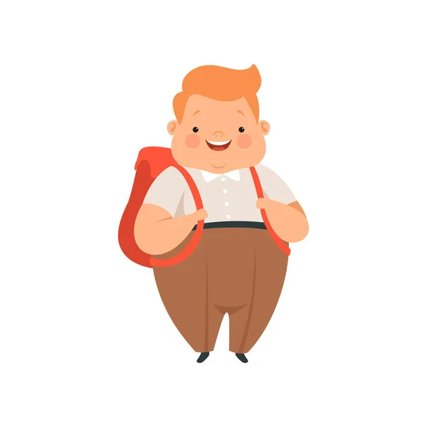 Sobrepeso menino de pé com mochila, bonito gordinha criança desenho animado personagem vetor Ilustração em um fundo branco — Vetor de Stock