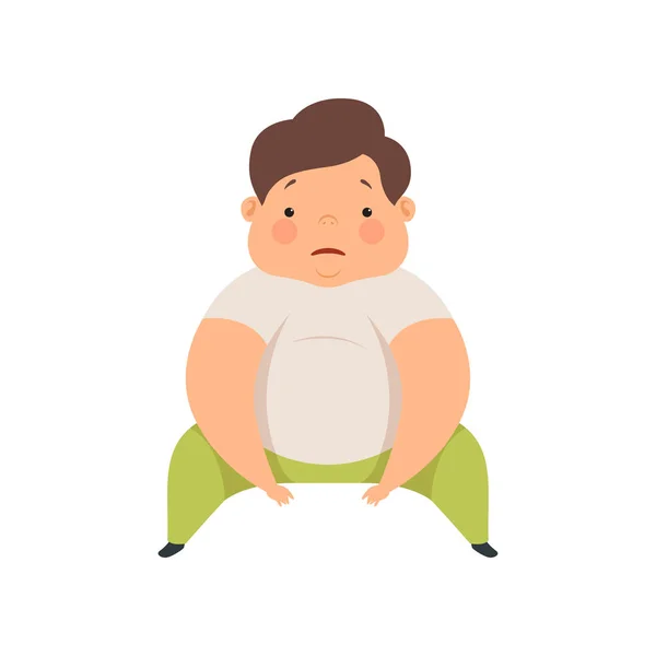 Ładny chłopak nadwagą, siedząc na podłodze, pulchne dziecko charakter kreskówka wektor ilustracja na białym tle — Wektor stockowy