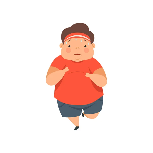 Overweight sweaty boy running, cute chubby child cartoon character vector Illustration on a white background — Stock Vector