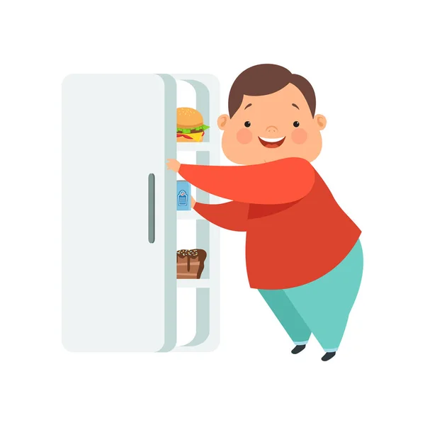 Túlsúlyos fiú megnyitása hűtőszekrény a gyorsétel, aranyos pufók gyermek karikatúra karakter vektoros illusztráció egy fehér háttér — Stock Vector