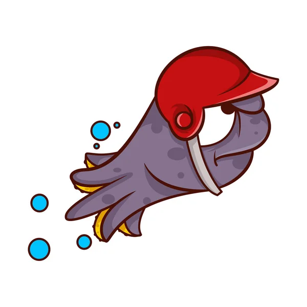 Lila bläckfisk i simning action med röda baseball hjälm på huvudet. Havet djur med arga ansiktet. Tecknade vektor symbol — Stock vektor