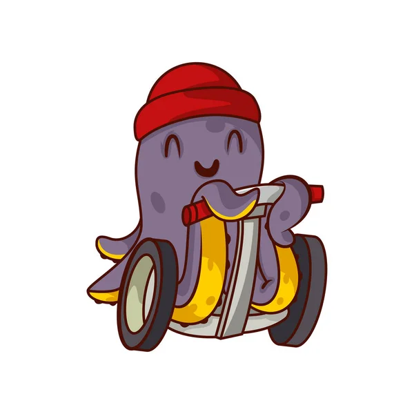 Счастливого фиолетового осьминога на самобалансирующемся скутере. Гуманизированное морское животное в красной шляпе. Мультипликационный вектор — стоковый вектор