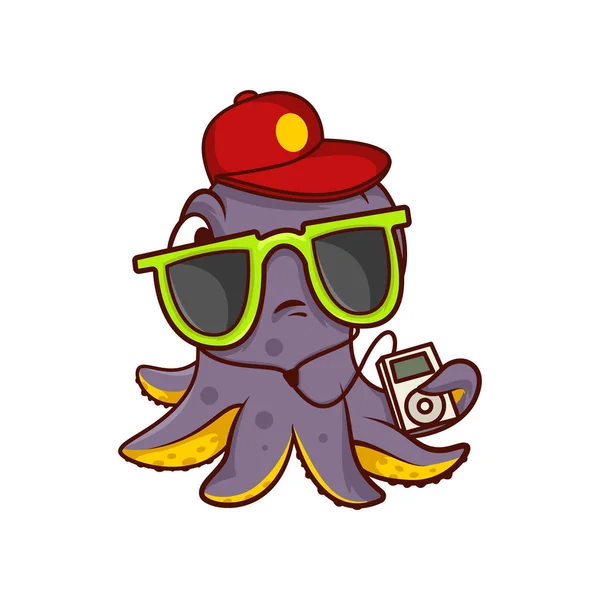 Chobotnice v sluneční brýle a červenou čepici, hospodářství hráč a poslech hudby. Mořská nestvůra s chapadly. Kreslené vektorové ikony — Stockový vektor