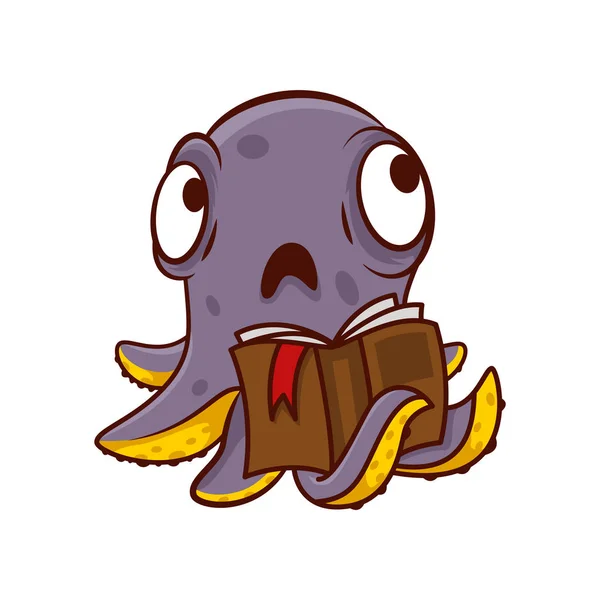 Polpo viola con la faccia triste che tiene il libro nel tentacolo. Creatura marina umanizzata. Icona vettoriale cartone animato — Vettoriale Stock