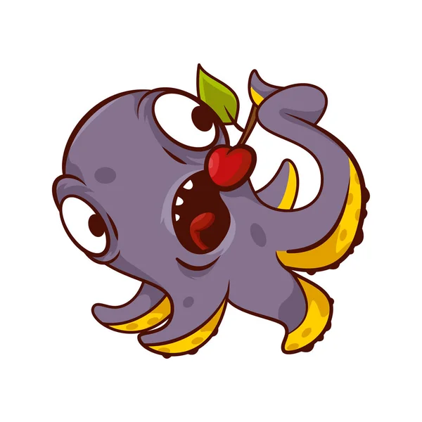 Divertido pulpo púrpura comiendo cereza roja. Animal marino con tentáculos. Personaje de dibujos animados. Icono del vector — Vector de stock