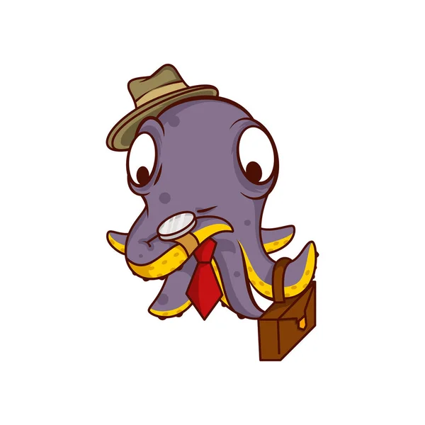 Çanta, mor ahtapot iş adamı bitime izliyor. Şapka ve kravat insanlaşmış deniz yaratığı. Çizgi film vektör simgesi — Stok Vektör
