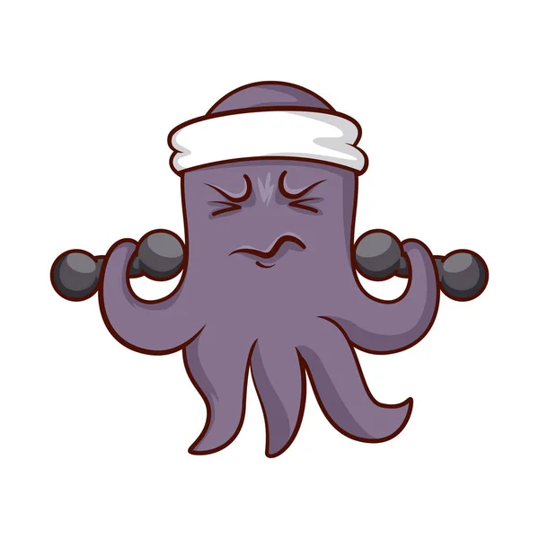 有趣的紫色章鱼头戴头巾, 用哑铃做运动。人性化的海洋动物。卡通矢量图标 — 图库矢量图片