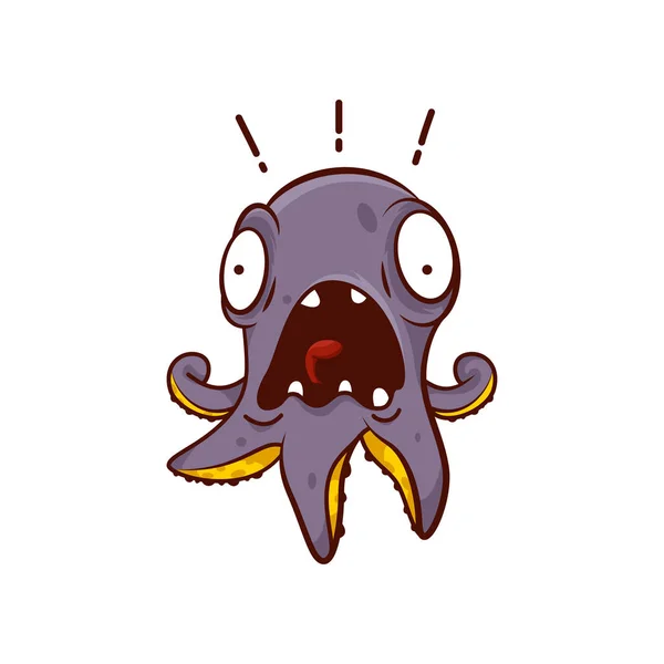 Polpo viola con espressione spaventata. Creatura marina. Gridando personaggio dei cartoni animati. Design vettoriale — Vettoriale Stock