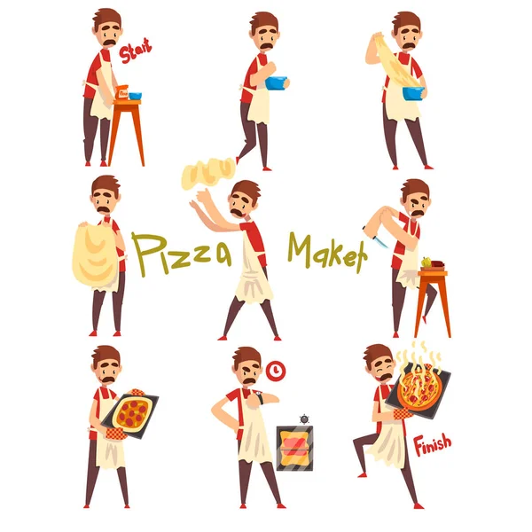 Etapas de la preparación del juego de pizza, el chef masculino amasando, sacudiendo una masa, cortando verduras y hornear, pizza vector de carácter fabricante Ilustración — Vector de stock