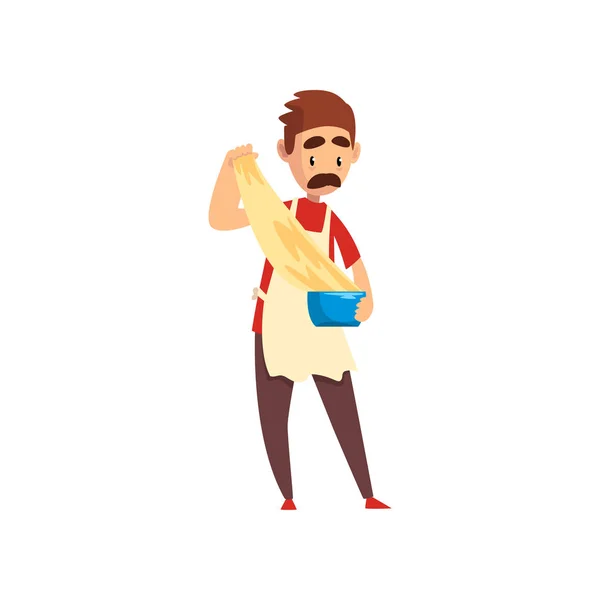 Chef amasar y cocinar una masa, personaje fabricante de pizza, etapa de preparación de pizza italiana vector Ilustración — Vector de stock