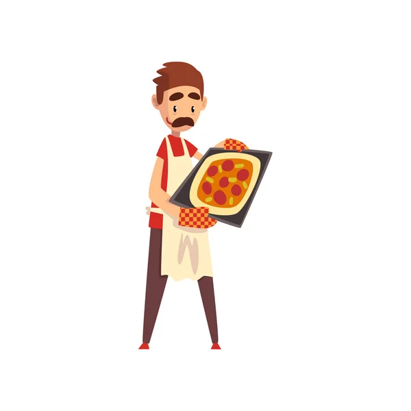 Male pizza maker character cooking pizza, stage of preparing Italian pizza vector Illustration — Stock Vector