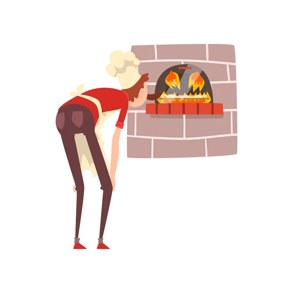 Chef-kok coolking pizza in de oven, pizza maker karakter, voorbereiding van Italiaanse pizza vector illustratie — Stockvector