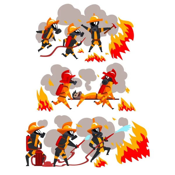 Feuerwehrleute löschen Feuer und helfen Menschen, Feuerwehrmänner in Uniform und Schutzmasken bei der Arbeit Vektor Illustration auf weißem Hintergrund — Stockvektor