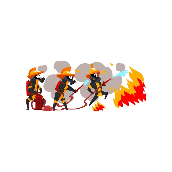 Tűzoltók szórással vizet a tűz, tűzoltó karakterek az egységes és a maszk a munkahelyen vektoros illusztráció egy fehér háttér — Stock Vector