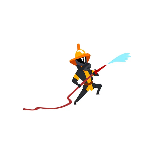 Bombero rociando agua usando manguera, carácter bombero en uniforme y máscara en vector de trabajo Ilustración sobre fondo blanco — Archivo Imágenes Vectoriales