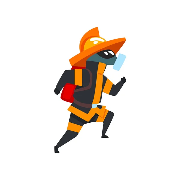 Bombero en una máscara protectora corriendo, personaje bombero en vector uniforme Ilustración sobre fondo blanco — Vector de stock