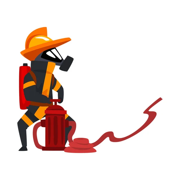 Brandweerman in een beschermend masker spuiten van water met behulp van brandkraan, brandweerman teken in uniforme vector illustratie op een witte achtergrond — Stockvector