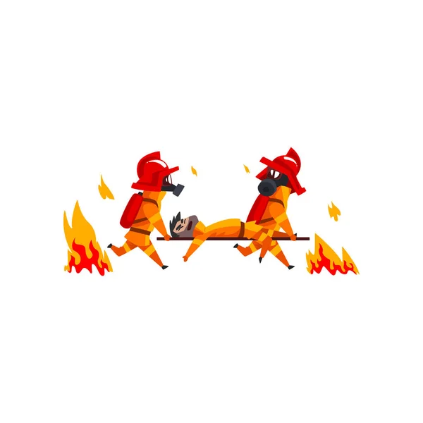 Pompiers portant les blessés sur civières, pompiers personnages en uniforme au travail vecteur Illustration sur fond blanc — Image vectorielle