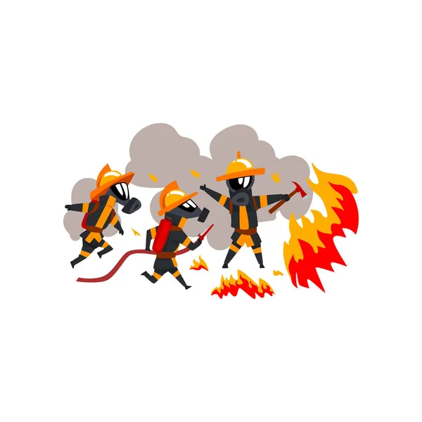 Bomberos extinguiendo fuego con equipo de extinción de incendios, caracteres de bombero en vector uniforme Ilustración sobre fondo blanco — Vector de stock