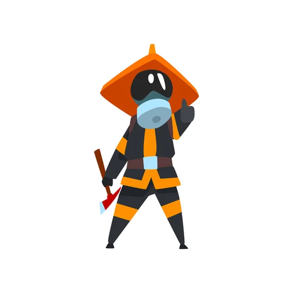 Bombero en una máscara protectora con hacha, personaje bombero en uniforme en el vector de trabajo Ilustración sobre un fondo blanco — Vector de stock