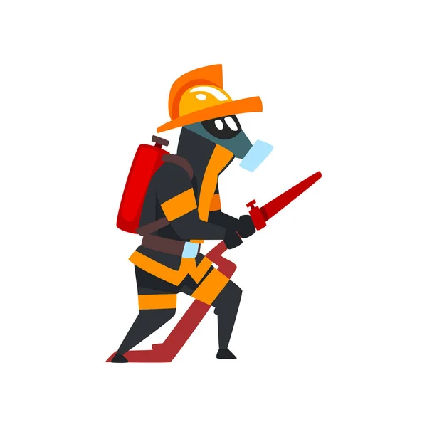 Hasič v ochranné masky s požární hadice, hasič postava v jednotných vektorové ilustrace na bílém pozadí — Stockový vektor