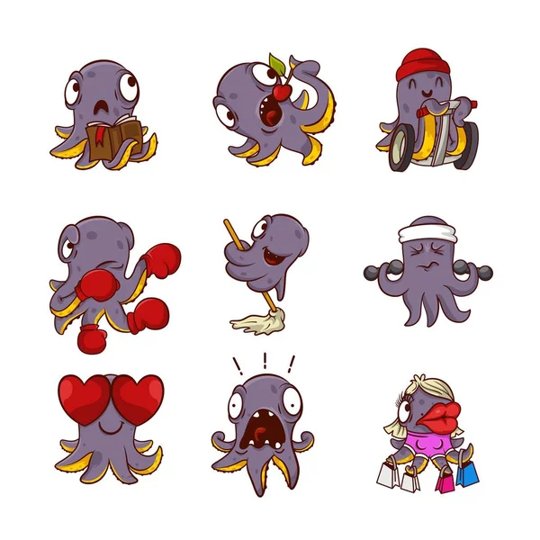Vector set of funny purple octopuses in different actions. Humanized sea creatures with tentacles. Cartoon characters Stock Vector