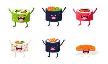 Komik suşi karakter seti, üzerinde beyaz bir arka plan illüstrasyon izole şirin yüzler vektör ile Asya gıda.