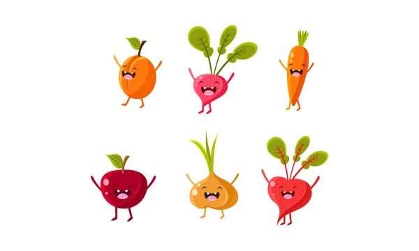 Roztomilý ovoce a zeleniny znaky sady, meruňka, ředkvičky, mrkev, jablko, cibule, cukrové řepy vektorové ilustrace — Stockový vektor