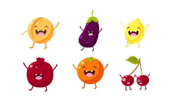 Lindos personajes de frutas y verduras conjunto, albaricoque, berenjena, limón, granada, naranja, cerezas vector Ilustración — Vector de stock