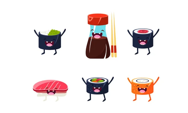 Funny sushi characters set, salsa de soja, palillos, rollos de sushi vector Ilustración — Vector de stock