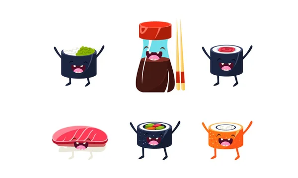 Funny sushi characters set, salsa de soja, palillos, rollos de sushi vector Ilustración — Archivo Imágenes Vectoriales